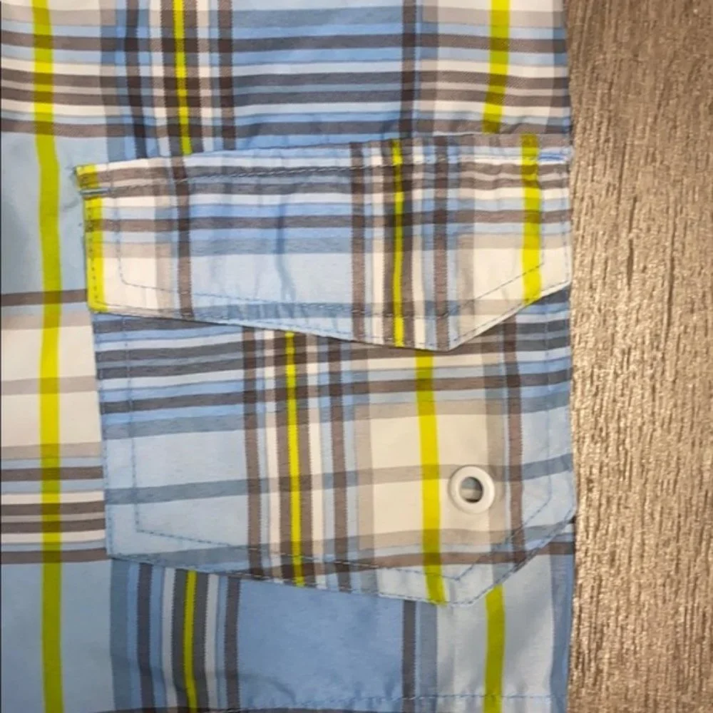 OP Toddler Blue/White/Lime Plaid Swim Trunks